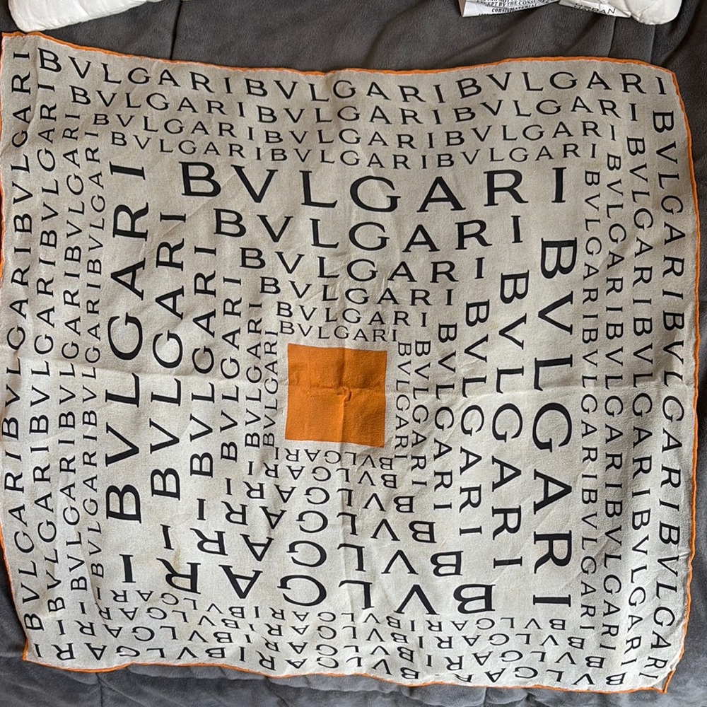 Bulgari Gray and Orange Logo Scarf/pocket square